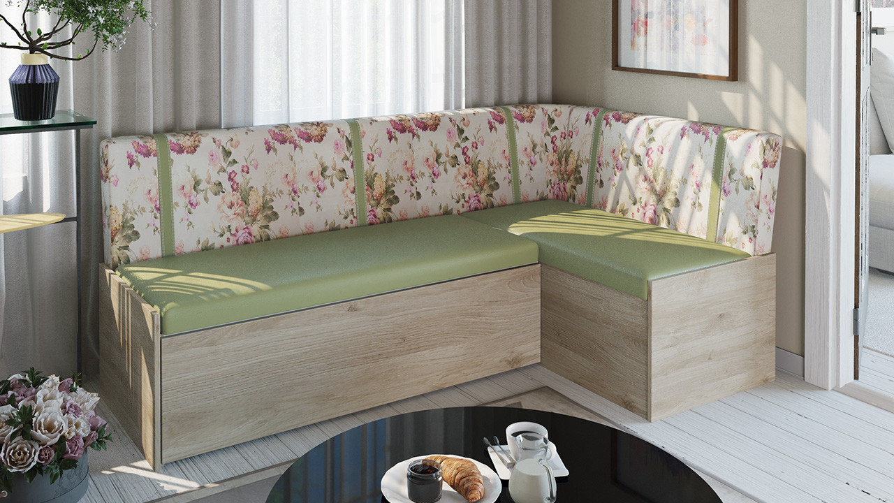 Скамья угловая со спальным местом «Париж» (Баттл Рок/ Цветы зелёные)