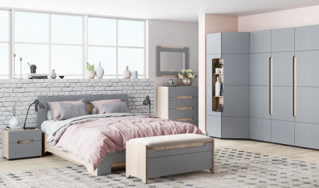 Спальный Гарнитур Палермо №3-1 Разные Цвета (Шкаф+Кровать+Комод+Прикроватные Тумбы+Зеркало+Банкетка)